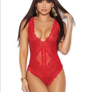 Lace Plunge V-Neck Bodysuit Size M Red Sheer Button-Front Detail NWT